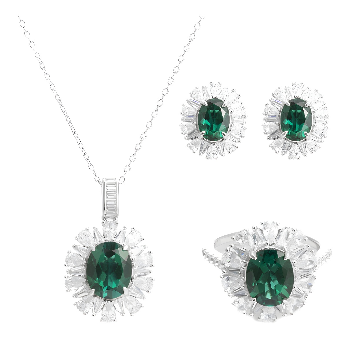 wholesale Platinum New High-End Jewelry Lab-Created Emerald 3-Carat Oval Matching Ring, Necklace and Earrings Set-0-0