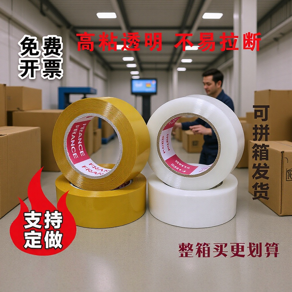 4.5胶带大卷批发米黄封箱胶带打包胶布封口胶纸警示语高粘胶带