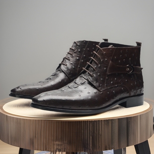 2024 Guangzhou new men's motorcycle boots head layer cowhide business crocodile pattern ostrich pattern leather boots a generation of hair