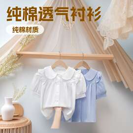 26夏季新款中小童纯棉短袖衬衣女孩纯色上衣儿童女童短袖衬衫薄款