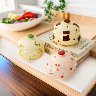 Two-Ear Steamed Egg Bowl with Lid and Crock Pot Stew Pot Soup Pot Steamed Egg Custard Special Bowl Household Baby Supplemented Tableware