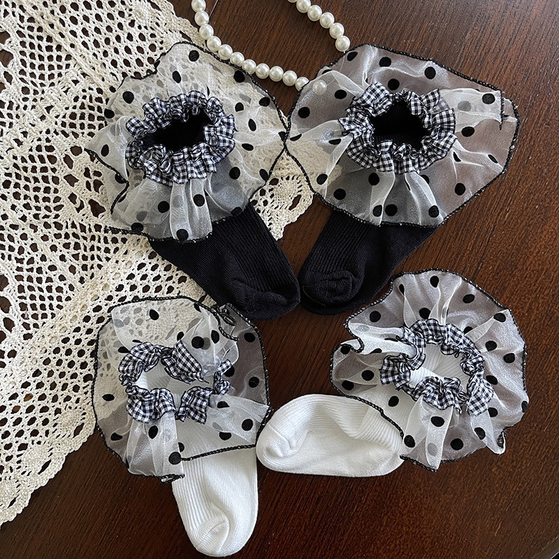 Korean Children's Socks Autumn and Winter New Products Polka Dot Plaid Lace Cotton Princess Cute Bow Girls Baby Short Socks