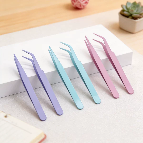 DIY full-color stainless steel tweezers in macaron colors, 105mm long, 0.7mm thick, with curved and pointed tips