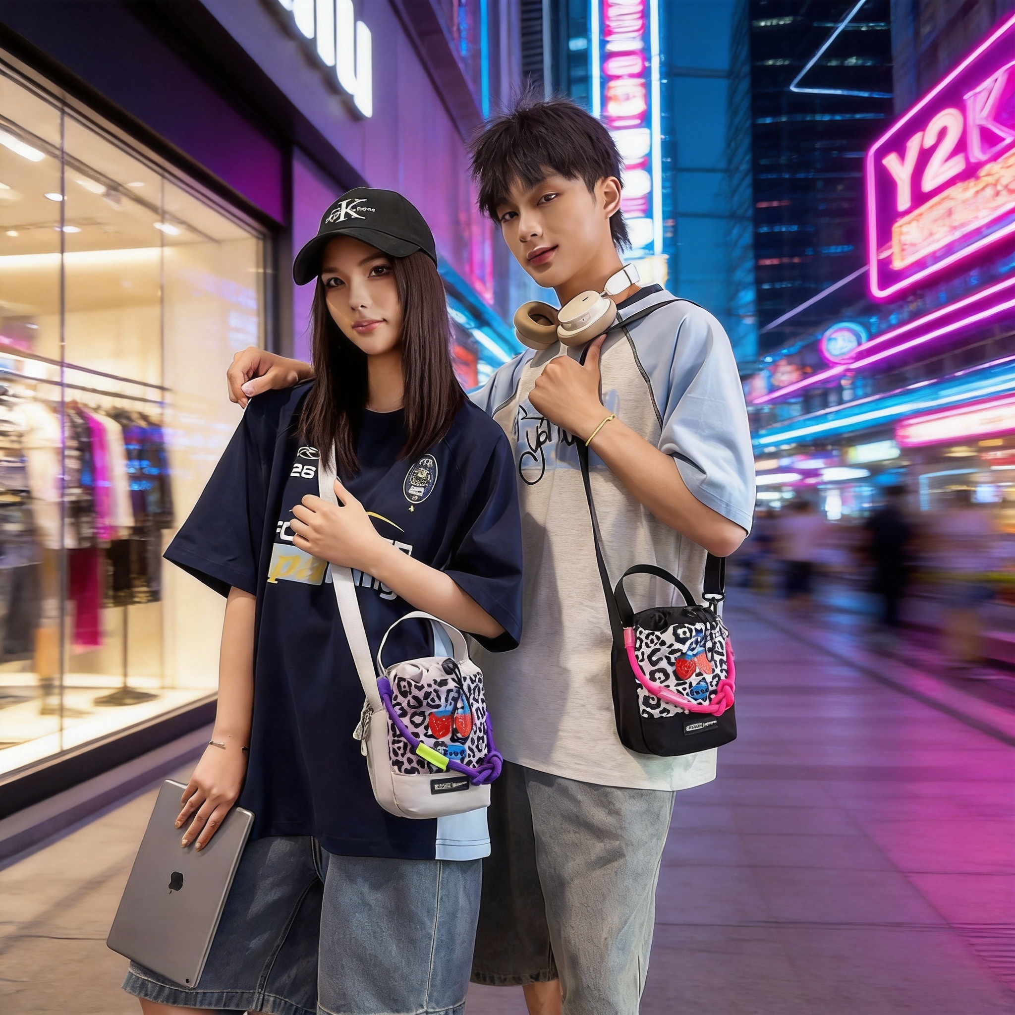 Cross-Border Women's Bag 2026 New Style Sweet Cool Leopard Print Strawberry Drawstring Mini Crossbody Bag Bucket Travel Water Bottle Phone