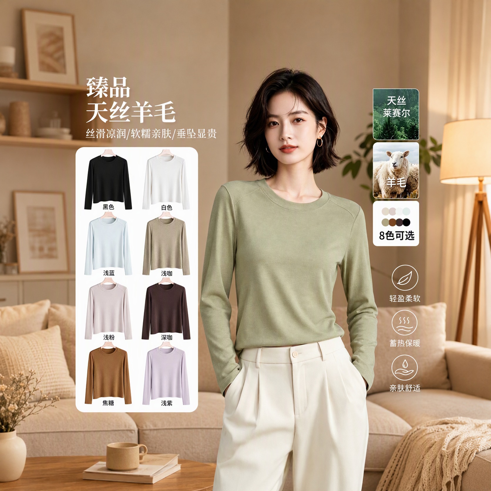 Women's Wool Base Layer Shirt, Solid Color, Round Neck, Long Sleeve, Slim Fit, Thin Pullover Top for Autumn and Winter, Simple and Versatile