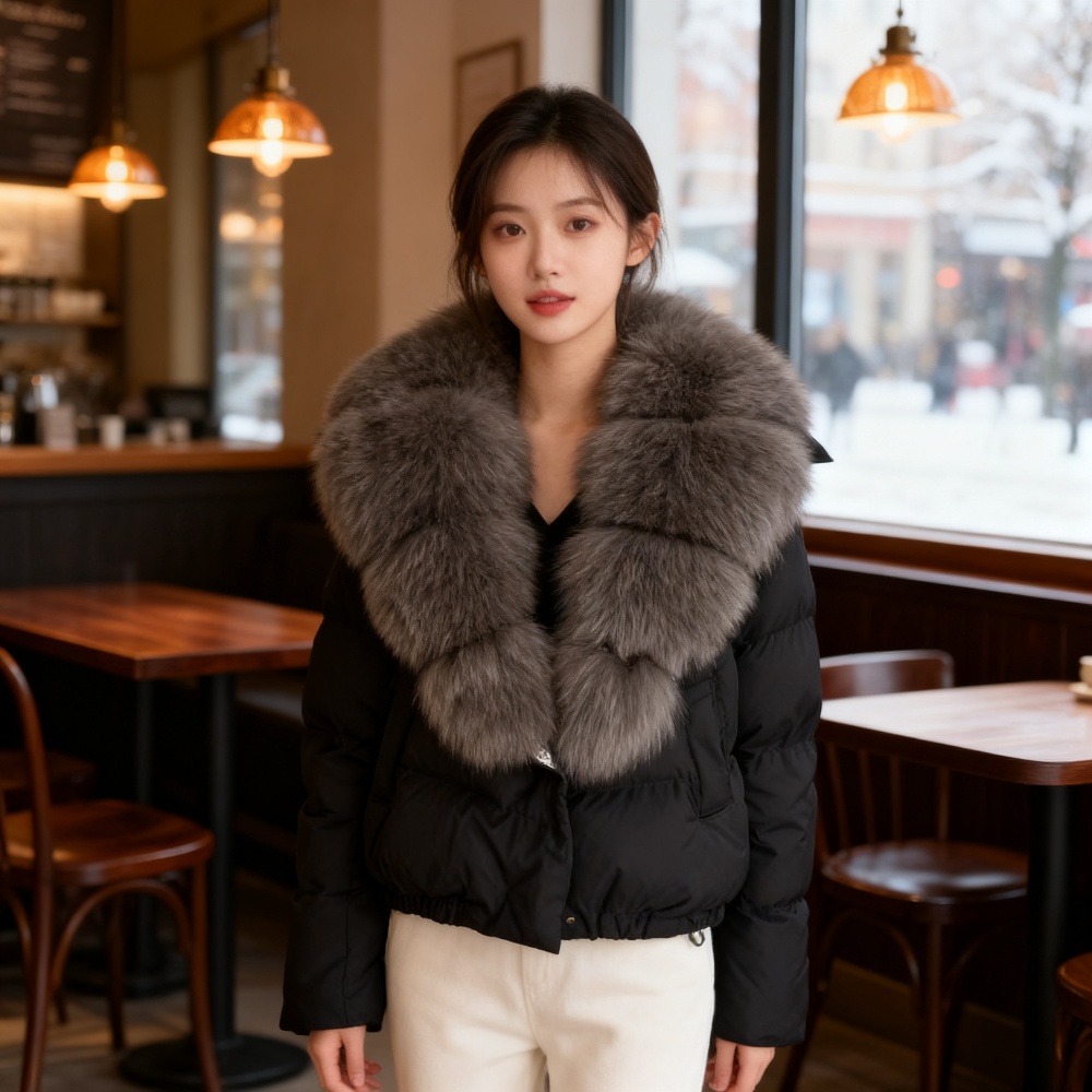 24 겨울 새로운 여성 짧은 패션 따뜻한 다운 재킷 작은 외국 스타일 대형 진짜 여우 모피 칼라 코트