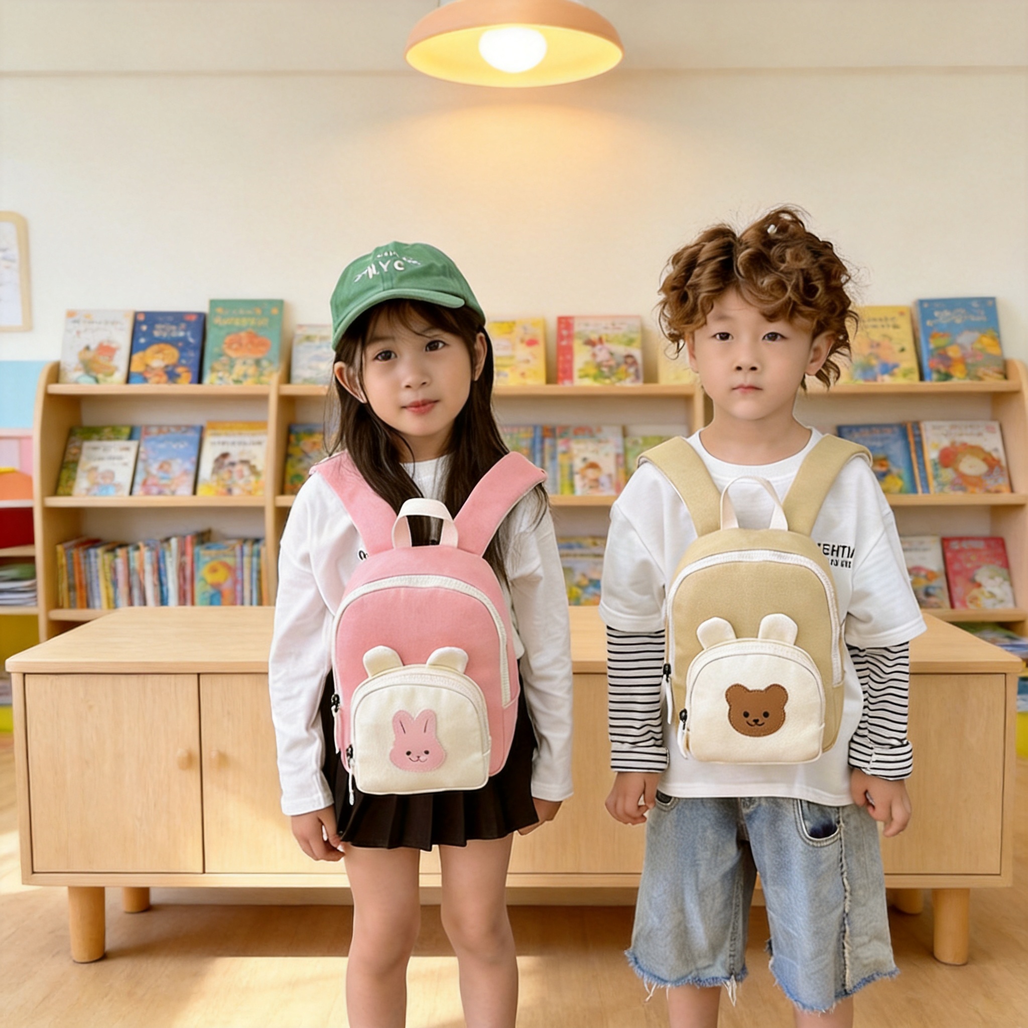 Children's Bag, Kidsren's School Bag, Cute Cartoon Kindergarten Backpack, Male and Female Baby Burden-Reducing Canvas Bag