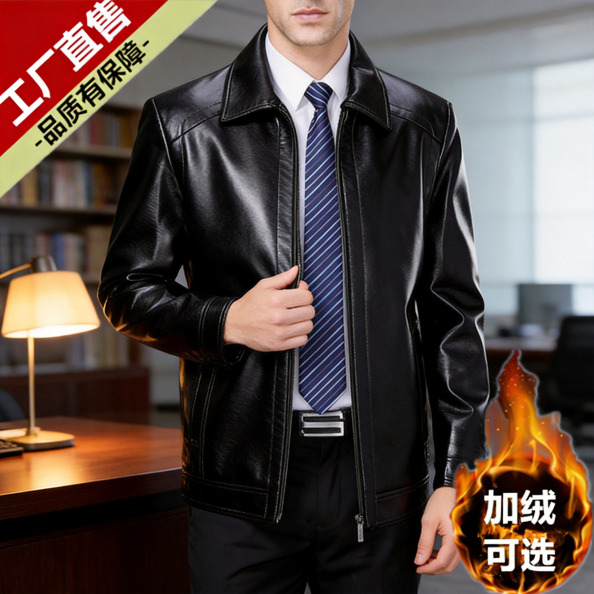 Haining brand men's leather jacket, middle-aged jacket, lapel, fleece-lined, business casual, plus size coat for middle-aged and elderly men.
