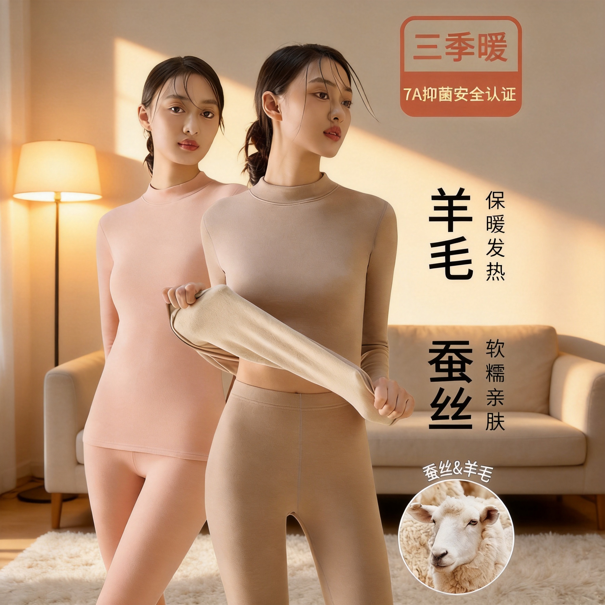 Women's thermal underwear set for autumn and winter, 280g, antibacterial, heat-generating, skin-friendly, high-neck base layer.